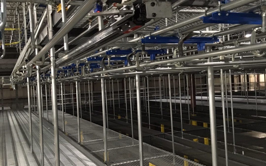 Railex System 200 Trolley Storage System just completed. Features Railex trolley stops, switches, rails, suspensions, and joist frames.