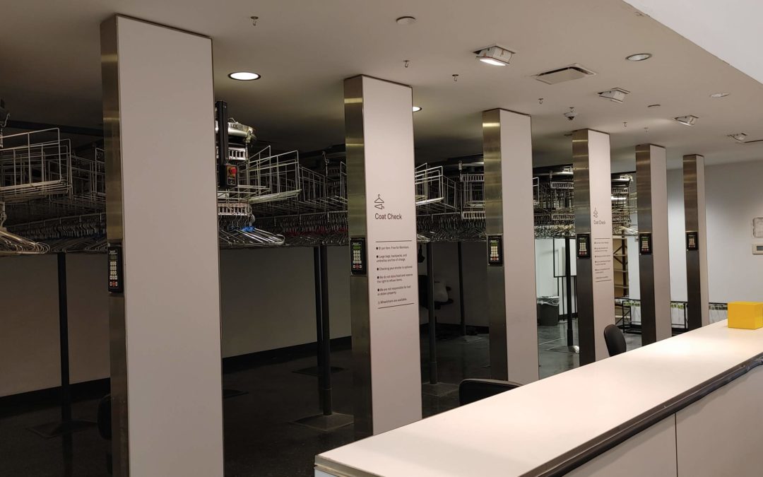 Railex System 1112 Conveyors: These Railex Coat Check conveyors feature both hangers for coats and corresponding shelves for smaller bag and item storage. This system is over 20 years old and has been wonderfully maintained.